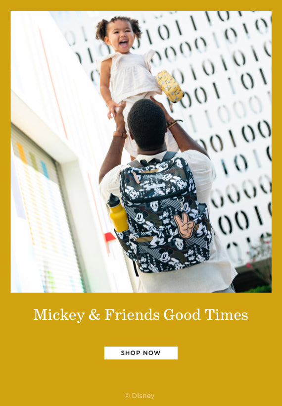 mickey & friends good times. shop now. disney. dad holding toddler girl while wearing the method backpack in disney's mickey and friends good times