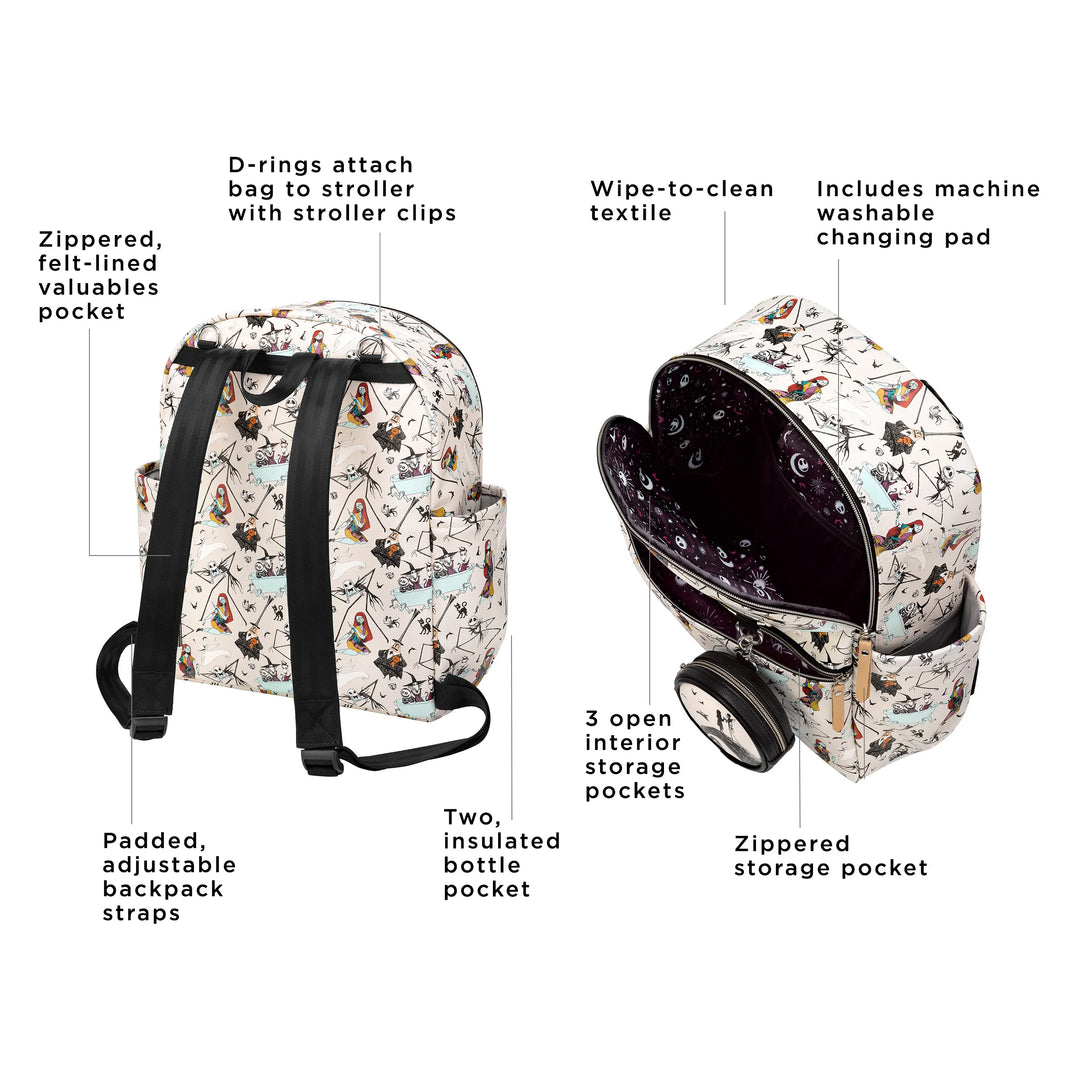 ace backpack featured zippered felt-lined valuables pocket, padded adjustable backpack straps, d-rings attach bag to stroller with stroller clips, two insulated bottle pocket, wipe-to-clean textile, includes machine washable changing pad, 3 open interior storage pockets, zippered storage pocket