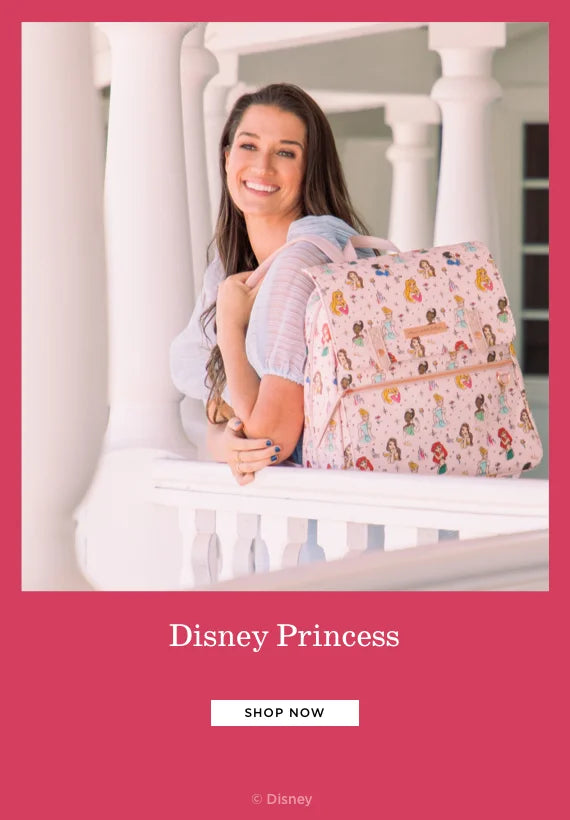 disney princess. shop now. by disney. mom wearing the meta backpack in disney princess