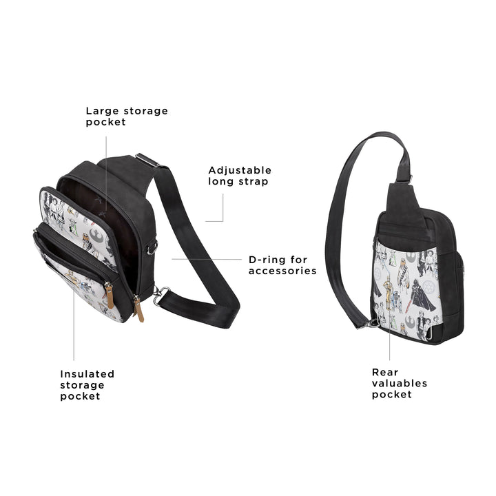 the criss-cross sling has a large storage pocket, adjustable long strap, insulated storage pocket, d-ring for accessories, and rear valuables pocket