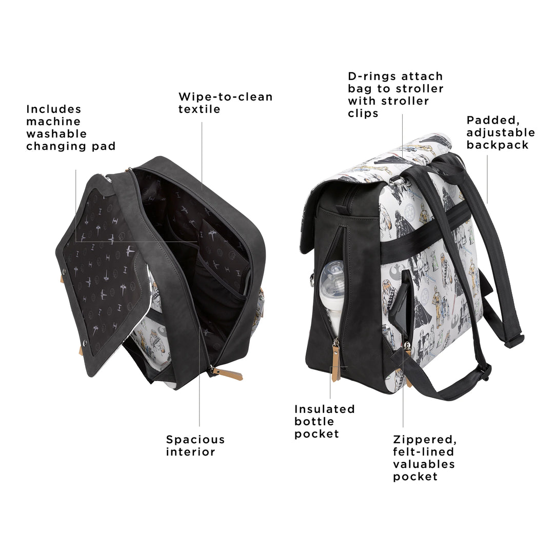 meta backpack in the star wars collection. includes machine washable changing pad. wipe-to-clean textile. spacious interior. d-rings attach bag to stroller with stroller clips. padded, adjustable backpack. insulated bottle pocket. zippered, felt-lined valuables pocket