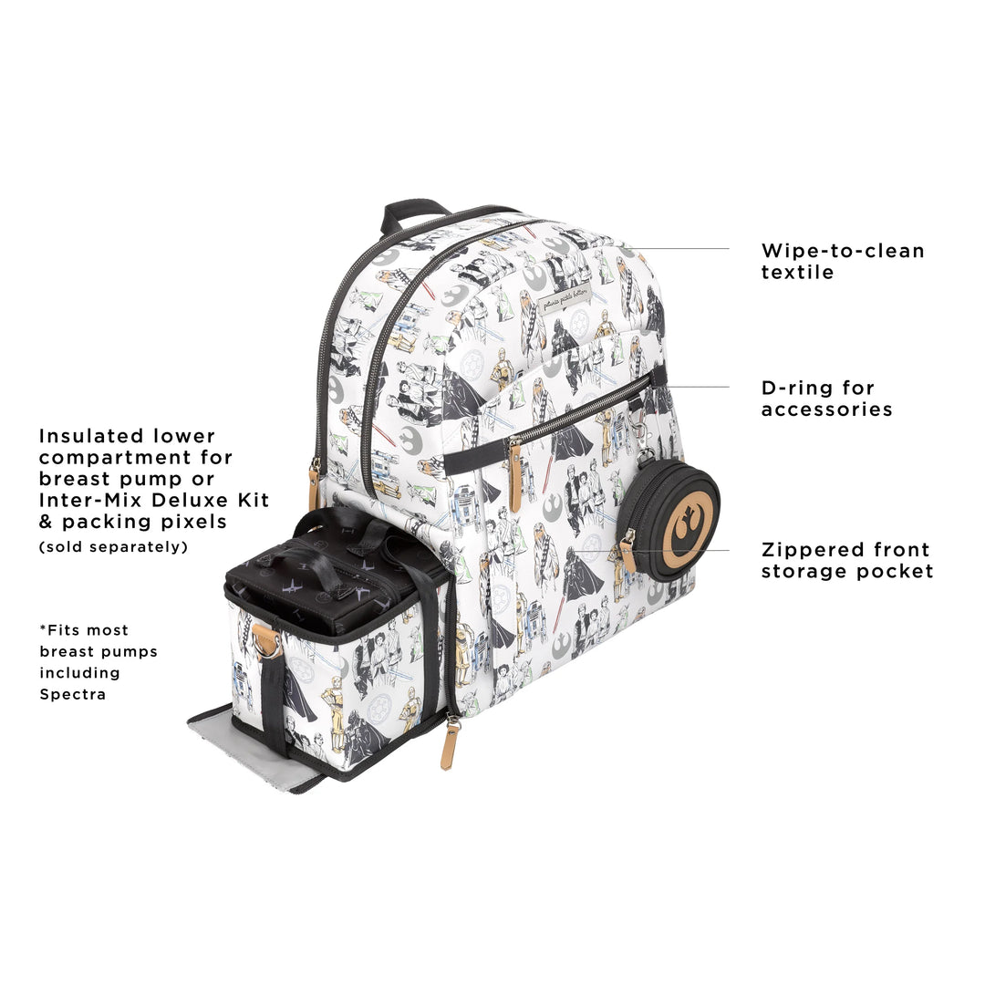 provisions backpack features wipe-to-clean textile, insulated lower compartment for breast pump, d-ring for accessories, zippered front storage pocket