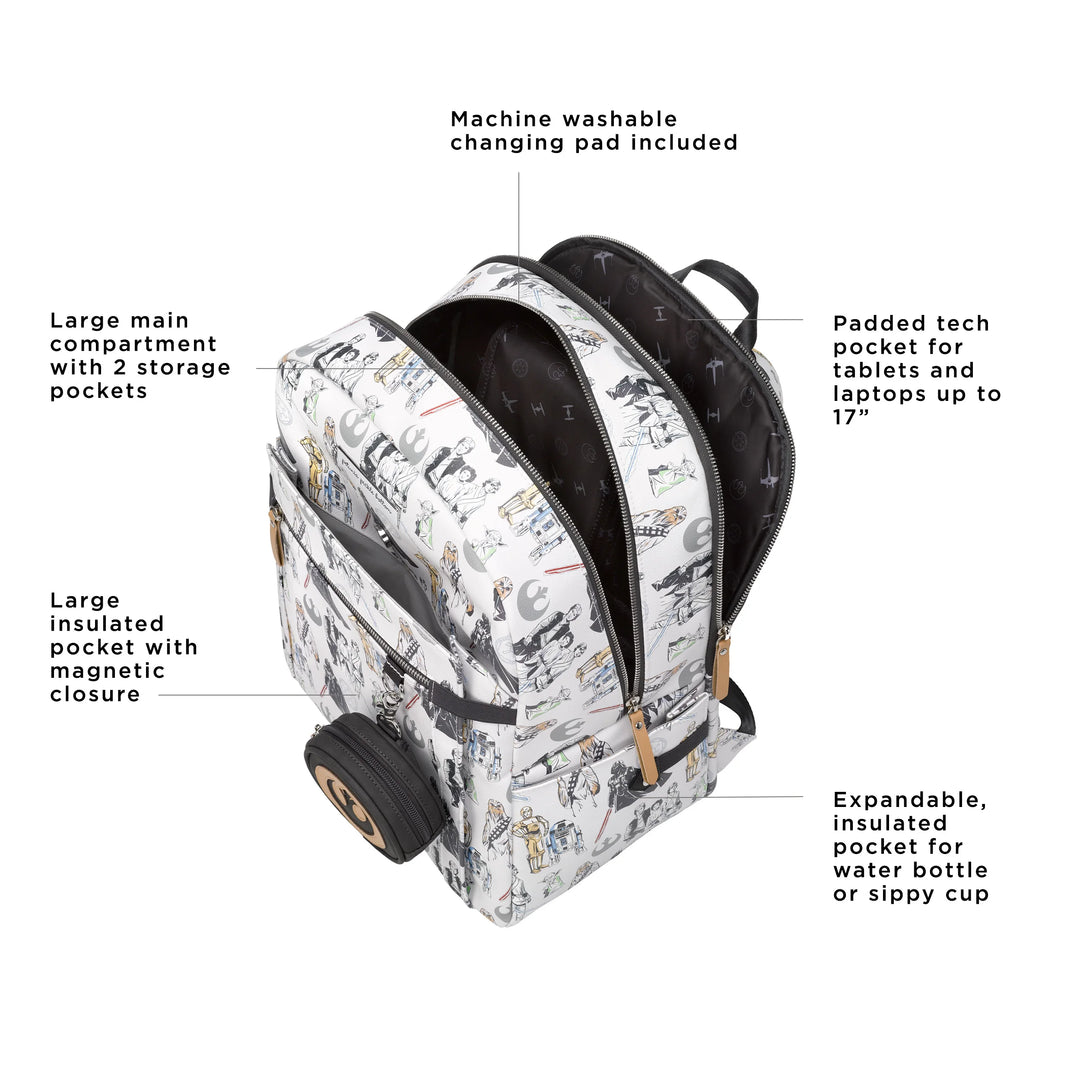 provisions backpack has a large insulated pocket with magnetic closure, large main compartment with 2 storage pockets, machine washable changing pad included, padded tech pocket for tablets and laptops up to 17 inches, and expandable insulated pocket for water bottle or sippy cup