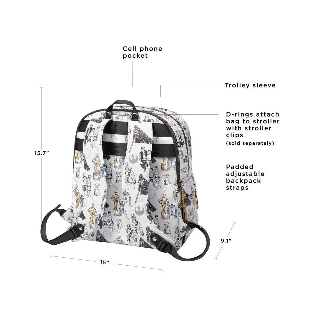 provisions backpack features cell phone pocket, trolley sleeve, d-rings and padded straps. 15.7 inches in height, 9.1 inches in width, and 15 inches in length