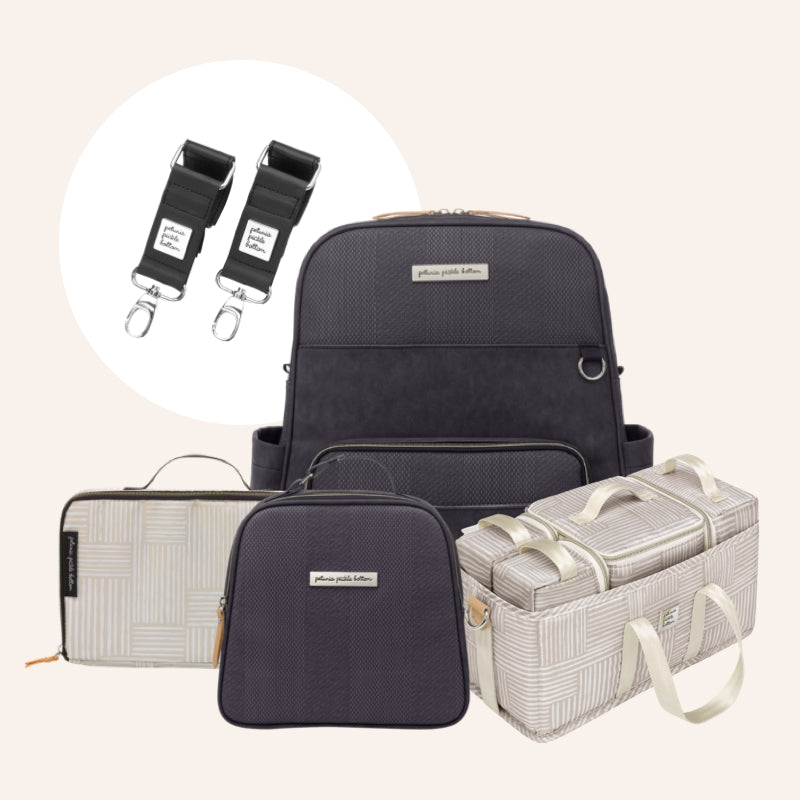 Sync Backpack in Carbon Cable Stitch, Deluxe Kit, Tandem Tote & Stroller Clips Bundle