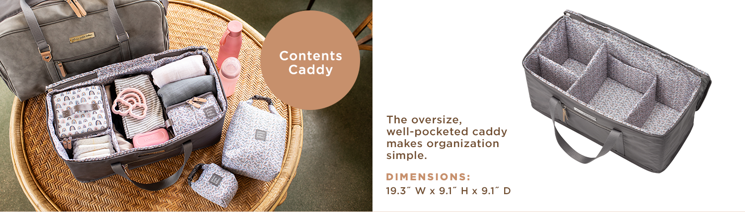 Contents Caddy - The oversize, well pocketed caddy makes organization simple. Dimensions: 19.3" W x 9.1" H x 9.1" D.