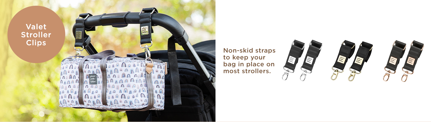 Valet Stroller Clips - non-skid straps to keep your bag in place on most stollers.