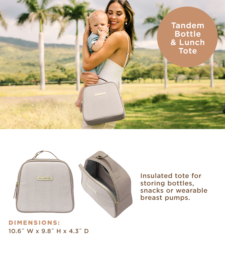 Tandem Bottle & Lunch Tote - Insulated tote for storing bottles, snacks or wearable breast pumps. Dimensions: 10.6" W x 9.8" H x 4.3" D.