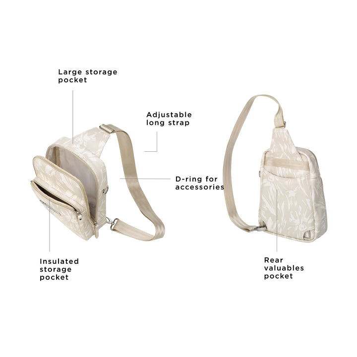 the criss-cross sling has a large storage pocket, adjustable long strap, insulated storage pocket, d-ring for accessories, and rear valuables pocket