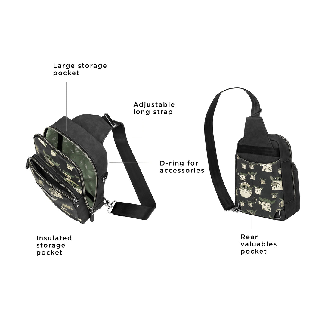 the criss-cross sling has a large storage pocket, adjustable long strap, insulated storage pocket, d-ring for accessories, and rear valuables pocket