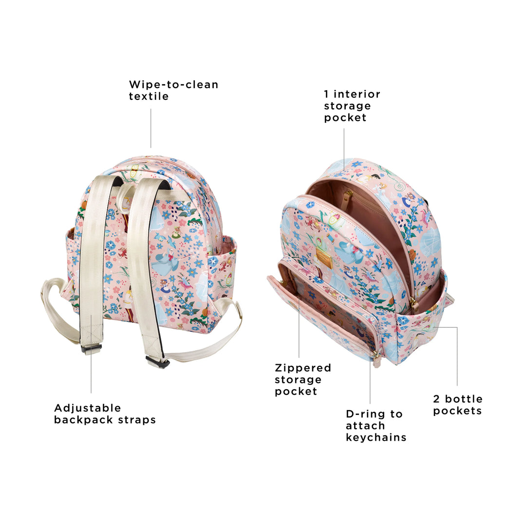 disney mini backpack has wipe-to-clean textile and adjustable backpack straps. it also has 1 interior storage pocket, zippered storage pocket, d-ring to attach keychains, and 2 bottle pockets