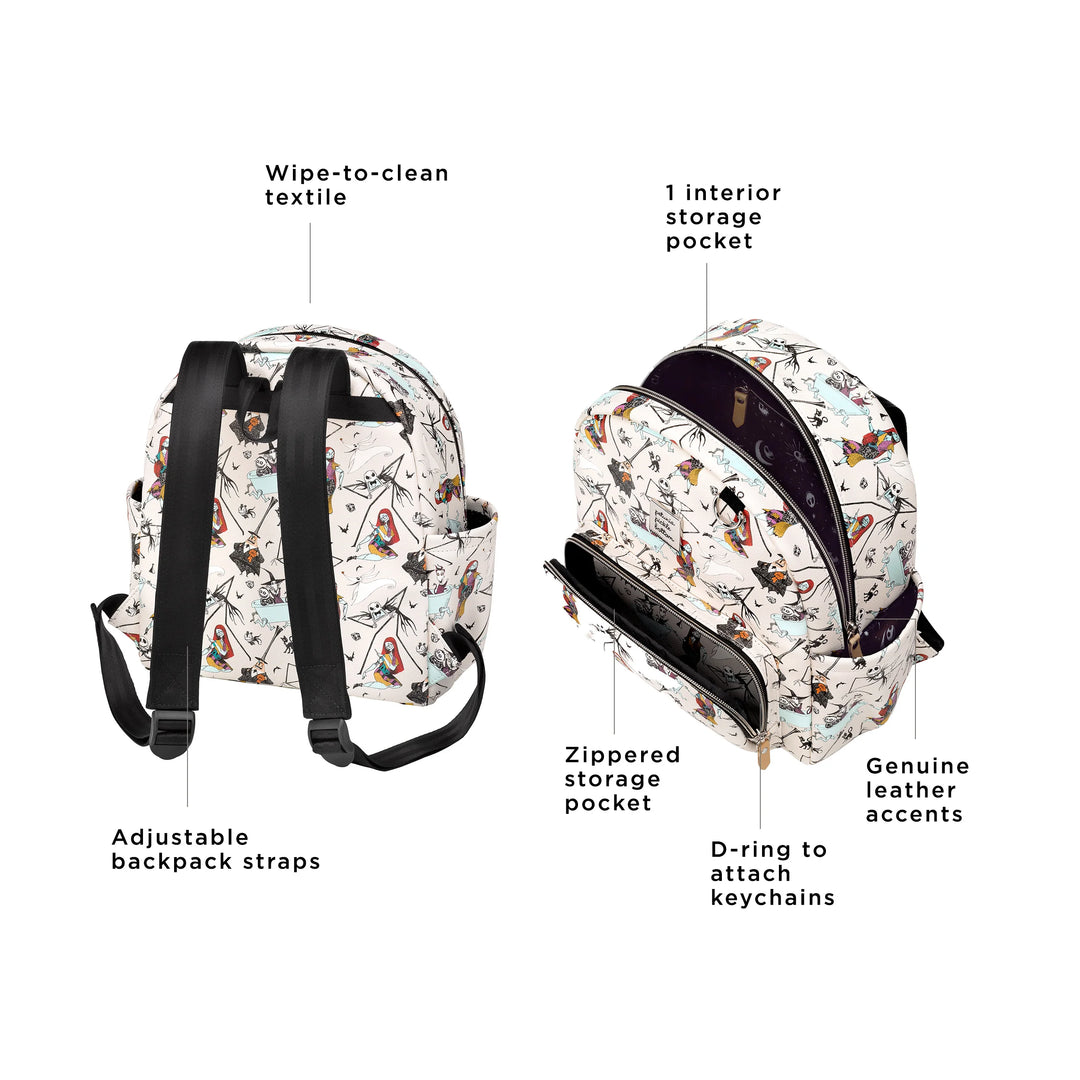 disney mini backpack has wipe-to-clean textile and adjustable backpack straps. it also has 1 interior storage pocket, zippered storage pocket, d-ring to attach keychains, and 2 bottle pockets