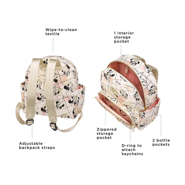 disney mini backpack has wipe-to-clean textile and adjustable backpack straps. it also has 1 interior storage pocket, zippered storage pocket, d-ring to attach keychains, and 2 bottle pockets