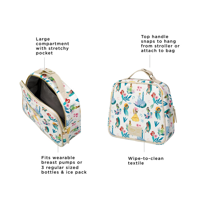 tandem bottle & lunch tote has a large compartment with stretchy pocket, fits wearable breast pumps or 3 regular sized bottles and ice pack, top handle snaps to hang from stroller or attach to bag, wipe-to-clean textile.