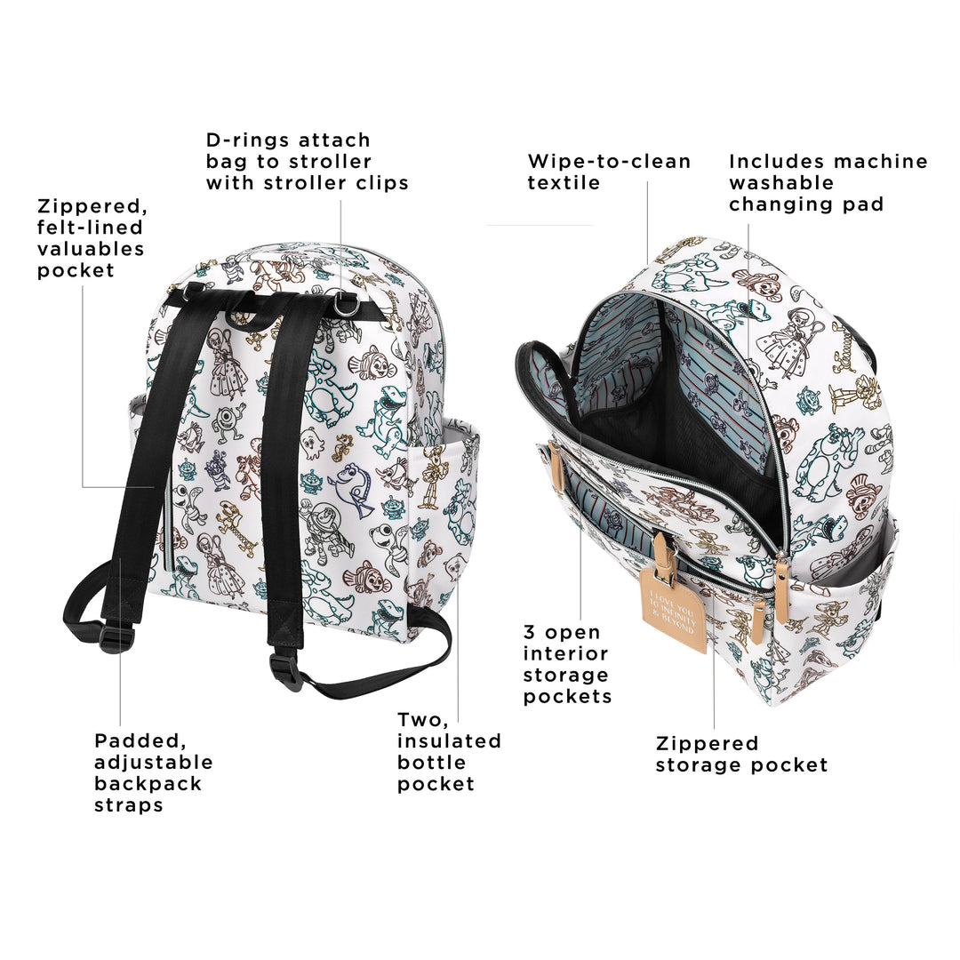 ace backpack featured zippered felt-lined valuables pocket, padded adjustable backpack straps, d-rings attach bag to stroller with stroller clips, two insulated bottle pocket, wipe-to-clean textile, includes machine washable changing pad, 3 open interior storage pockets, zippered storage pocket