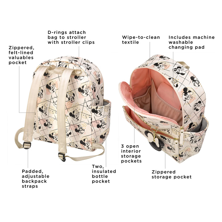 ace backpack featured zippered felt-lined valuables pocket, padded adjustable backpack straps, d-rings attach bag to stroller with stroller clips, two insulated bottle pocket, wipe-to-clean textile, includes machine washable changing pad, 3  open interior storage pockets, zippered storage pocket