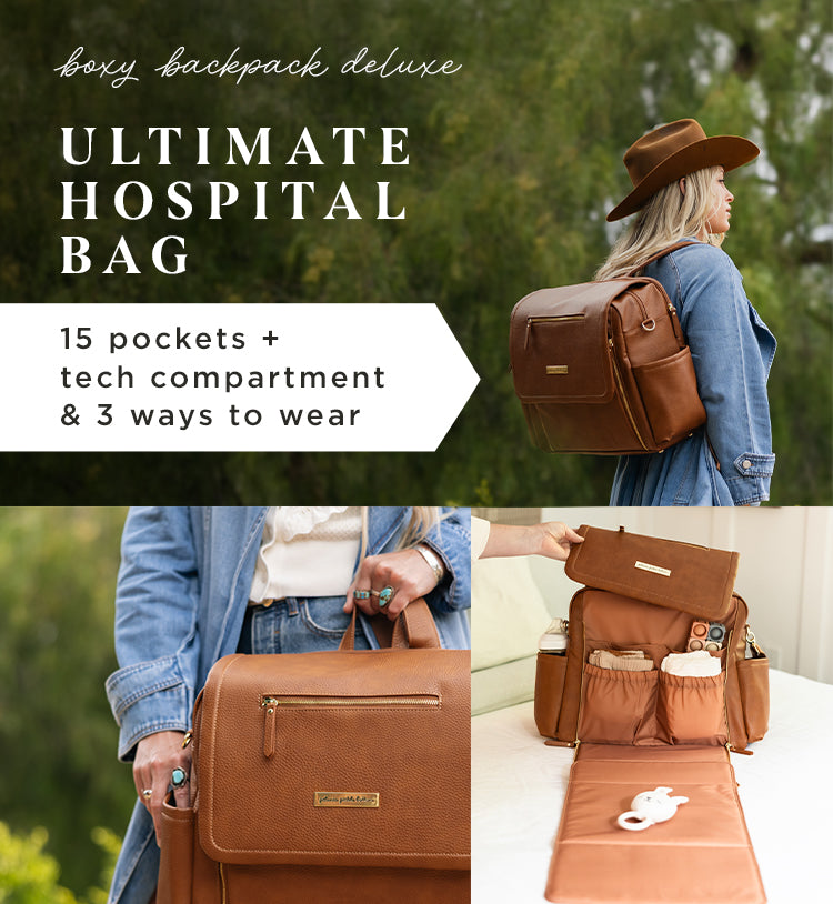 boxy backpack deluxe. ultimate hospital bag. 15 pockets + tech compartment and 3 ways to wear. mom wearing boxy backpack deluxe in cedar