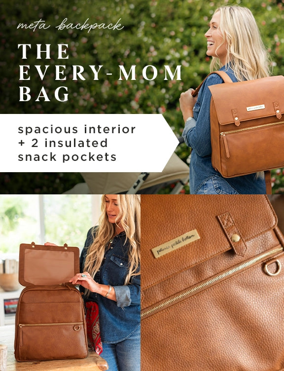 meta backpack. the every-mom bag. spacious interior + 2 insulated snack pockets. mom wearing the meta backpack in cedar