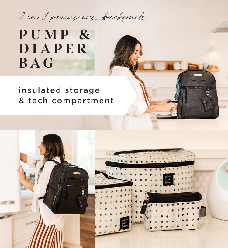 2-in-1 provisions backpack. pump & diaper bag. insulated storage & tech compartment. mom using the provisions backpack in ebony