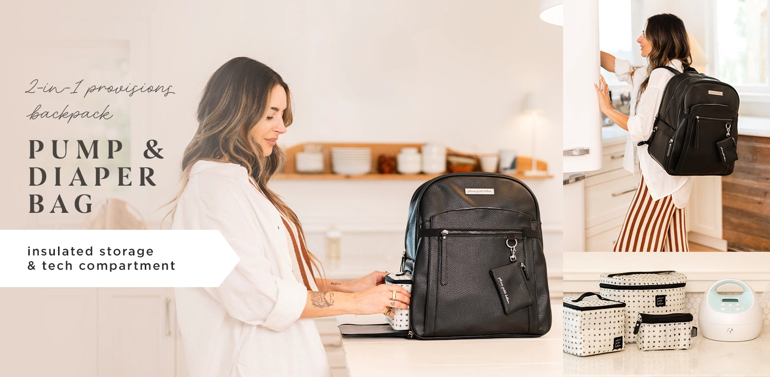 2-in-1 provisions backpack. pump and diaper bag. insulated storage and tech compartment. mom wearing provisions backpack in ebony featuring prompt pump kit in quill