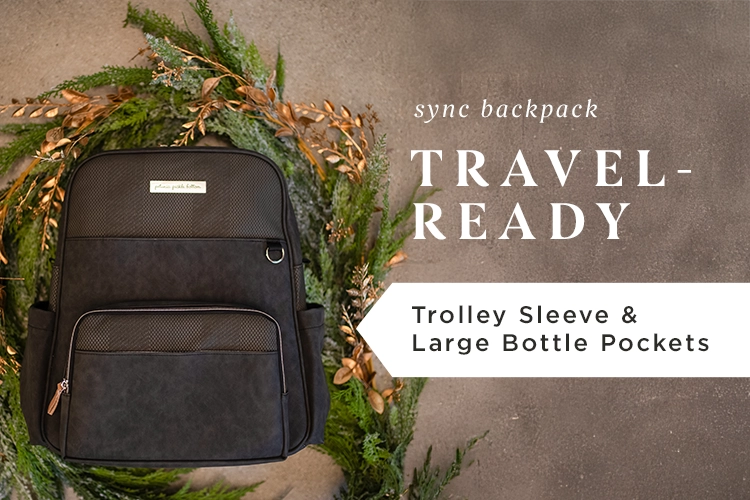 sync backpack in carbon cable featuring trolley sleeve and large bottle pockets