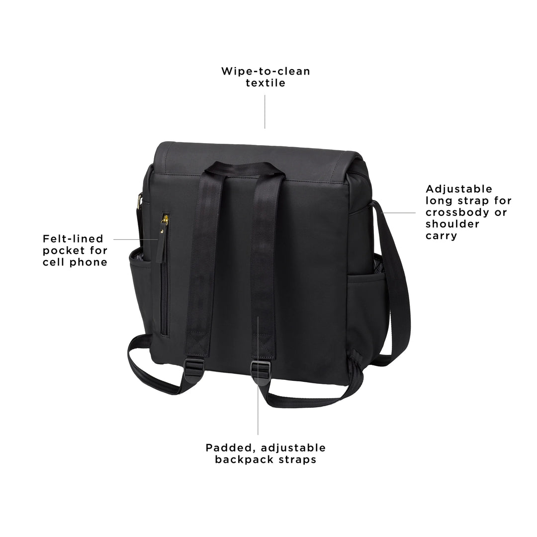 boxy backpack in black matte leatherette. wipe-to-clean textile. adjustable long strap for crossbody or shoulder carry. felt-lined pocket for cell phone. padded, adjustable backpack straps