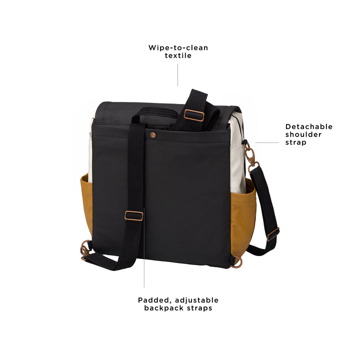 boxy backpack in graphite/camel. wipe-to-clean textile. adjustable long strap for crossbody or shoulder carry. padded, adjustable backpack straps