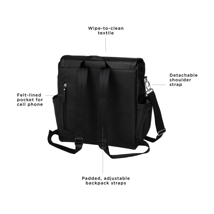 boxy backpack in sand/black. wipe-to-clean textile. adjustable long strap for crossbody or shoulder carry. felt-lined pocket for cell phone. padded, adjustable backpack straps