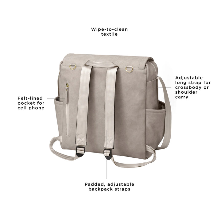 boxy backpack in grey matte leatherette. wipe-to-clean textile. adjustable long strap for crossbody or shoulder carry. felt-lined pocket for cell phone. padded, adjustable backpack straps