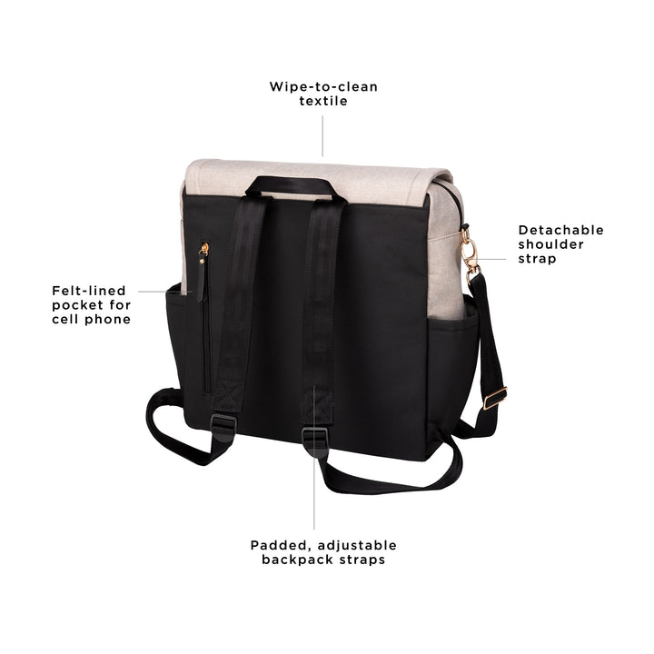 boxy backpack in sand/black. wipe-to-clean textile. adjustable long strap for crossbody or shoulder carry. felt-lined pocket for cell phone. padded, adjustable backpack straps
