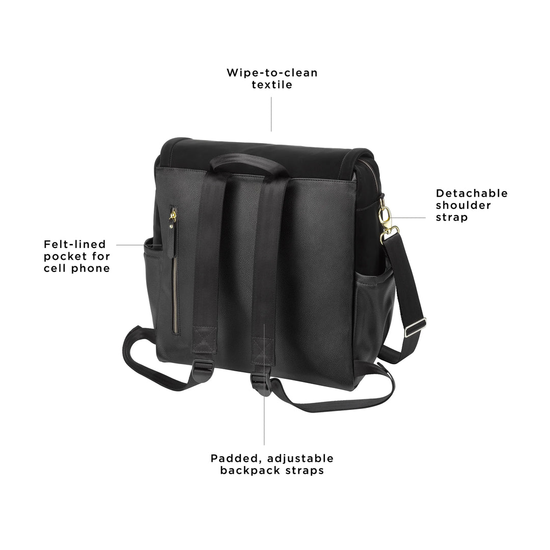 boxy backpack in twilight black. wipe-to-clean textile. adjustable long strap for crossbody or shoulder carry. felt-lined pocket for cell phone. padded, adjustable backpack straps