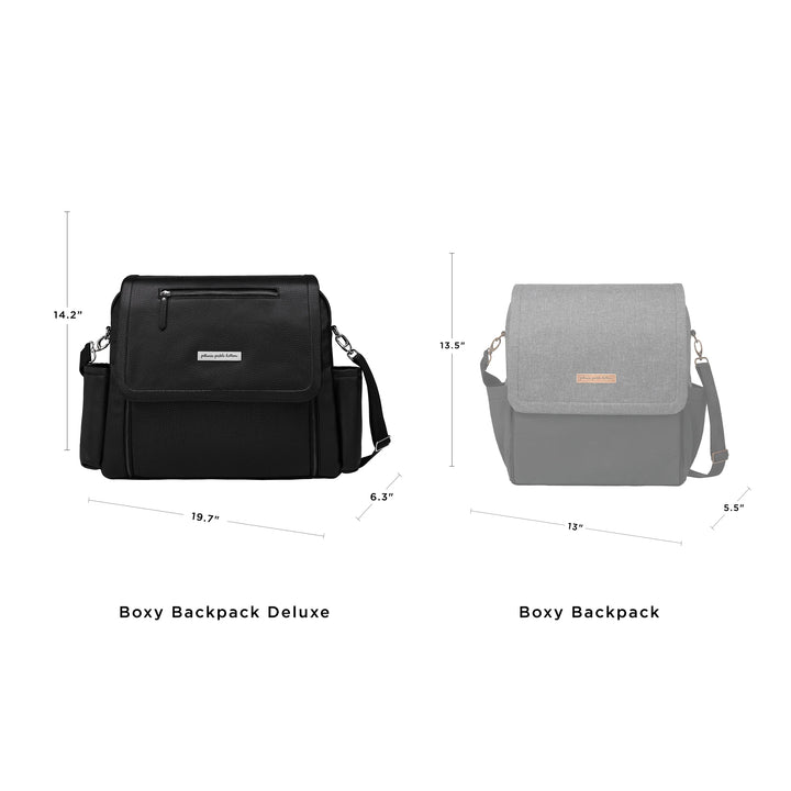 boxy backpack deluxe and boxy backpack size comparison. boxy backpack deluxe is 14.2 inches in height, 19.7 inches in width, 6.3 inches in length. the boxy backpack is 13.5 inches in height, 13 inches in wdith, 5.5 inches in length