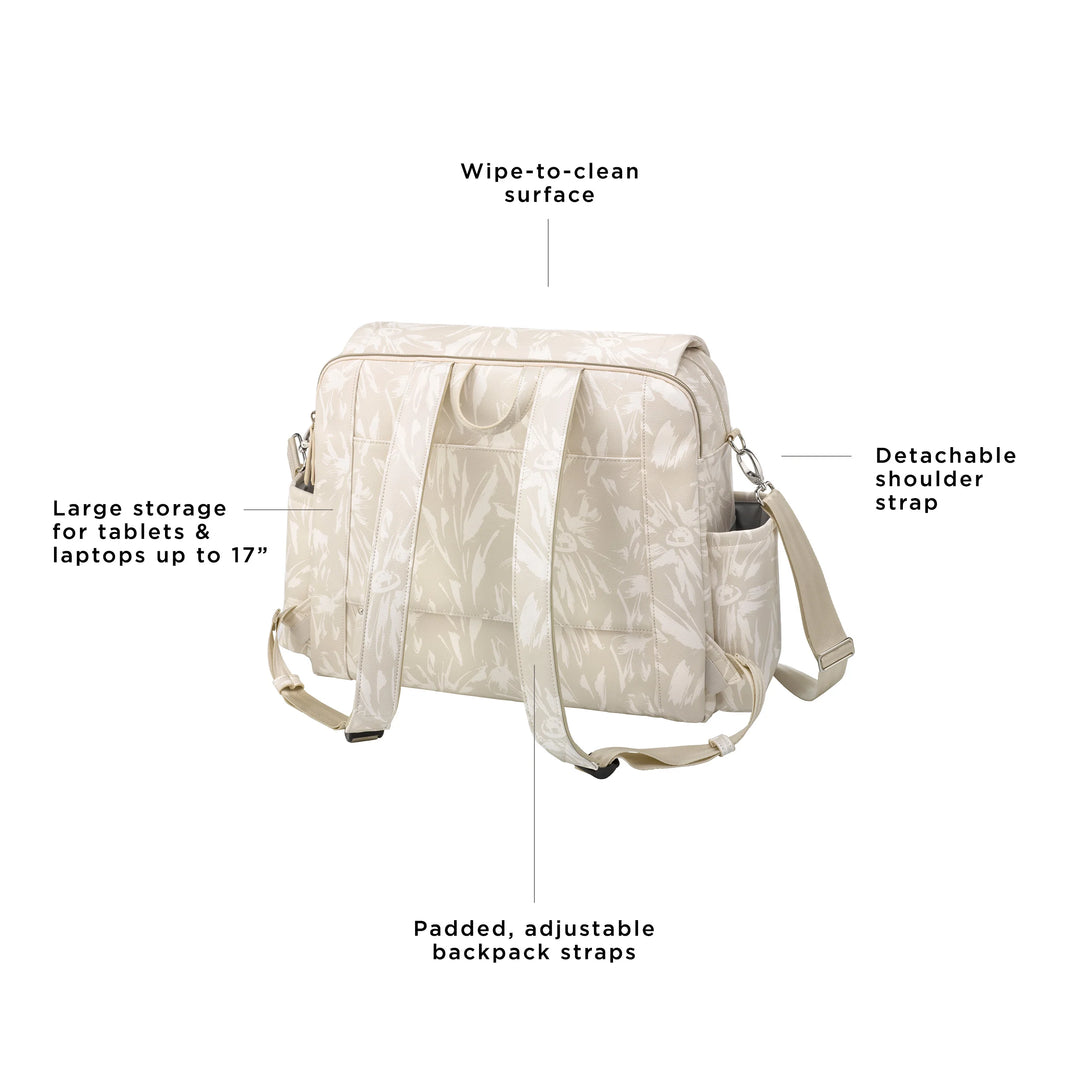 boxy deluxe in linen blossom. large storage for tablets & laptops up to 17 inches. wipe-to-clean surface. padded, adjustable backpack straps. detachable shoulder strap