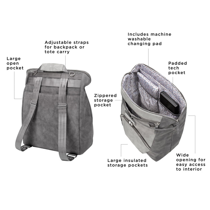cinch backpack features large open pocket, adjustable straps for backpack or tote carry, includes machine washable changing pad, zippered storage pocket, padded tech pocket, large insulated pockets, wide opening for easy access to interior
