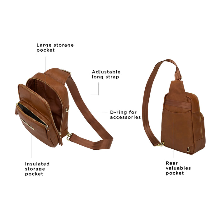 the criss-cross sling has a large storage pocket, adjustable long strap, insulated storage pocket, d-ring for accessories, and rear valuables pocket