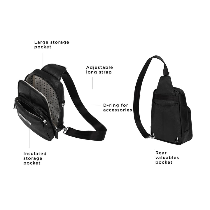 the criss-cross sling has a large storage pocket, adjustable long strap, insulated storage pocket, d-ring for accessories, and rear valuables pocket