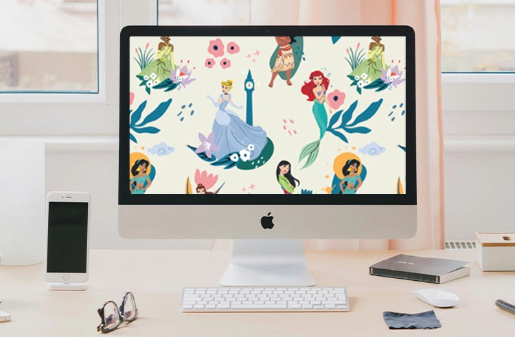 imac computer showing the pattern of the disney princess courage and kindness collection