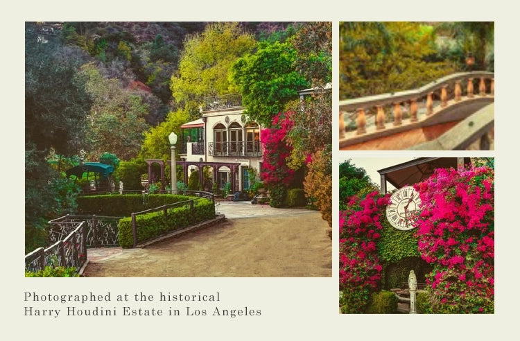 3 images of a castle and its features. photographed at the historical harry houdini estate in los angeles