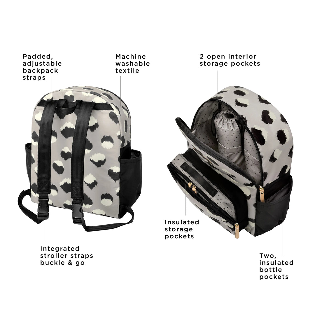district backpack features: padded adjustable backpack straps, integrated stroller straps buckle and go, machine washable textile. interior features 2 open interior storage pockets, insulated storage pockets, two insulated bottle pockets