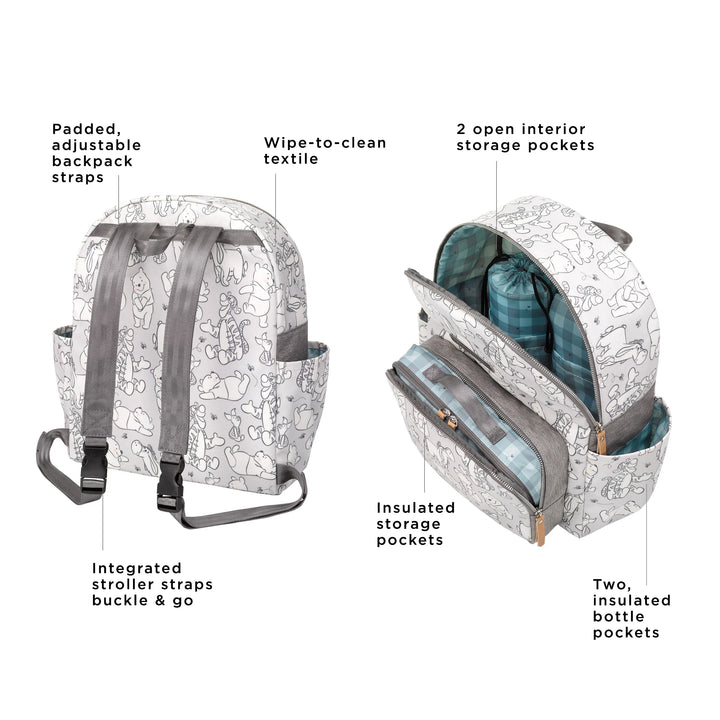 district backpack features: padded adjustable backpack straps, integrated stroller straps buckle and go, wipe-to-clean textile. interior features 2 open interior storage pockets, insulated storage pockets, two insulated bottle pockets