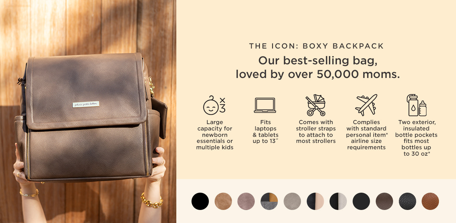 the icon: boxy backpack our best-selling bag, loved by over 50,000 moms. large capacity for newborn essentials or multiple kids. fits laptops & tablets up to 13 inches. comes with stroller straps to attach to most strollers. complies with standard personal item airline size requirements. two exterior, insulated bottle pockets fits most bottles up to 30 oz. image shoes boxy backpack in saddle.