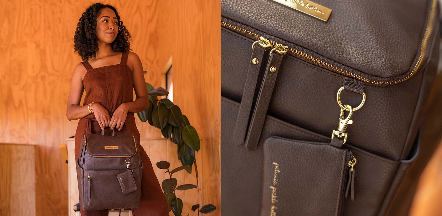 mom carrying the tempo backpack in saddle on left side of image. on the right side of image, a closer look of the tempo backpack in saddle
