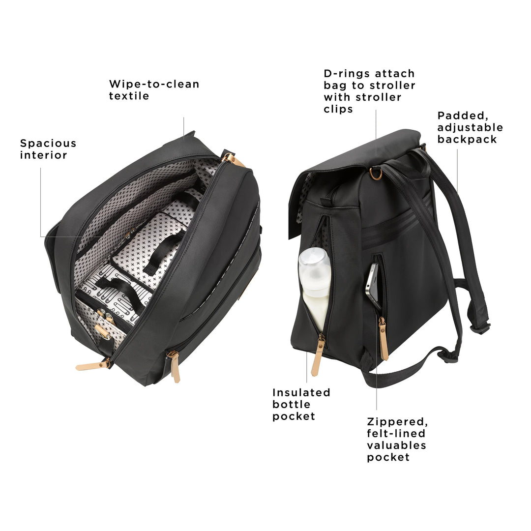 meta backpack in black matte canvas. includes machine washable changing pad. wipe-to-clean textile. spacious interior. d-rings attach bag to stroller with stroller clips. padded, adjustable backpack. insulated bottle pocket. zippered, felt-lined valuables pocket