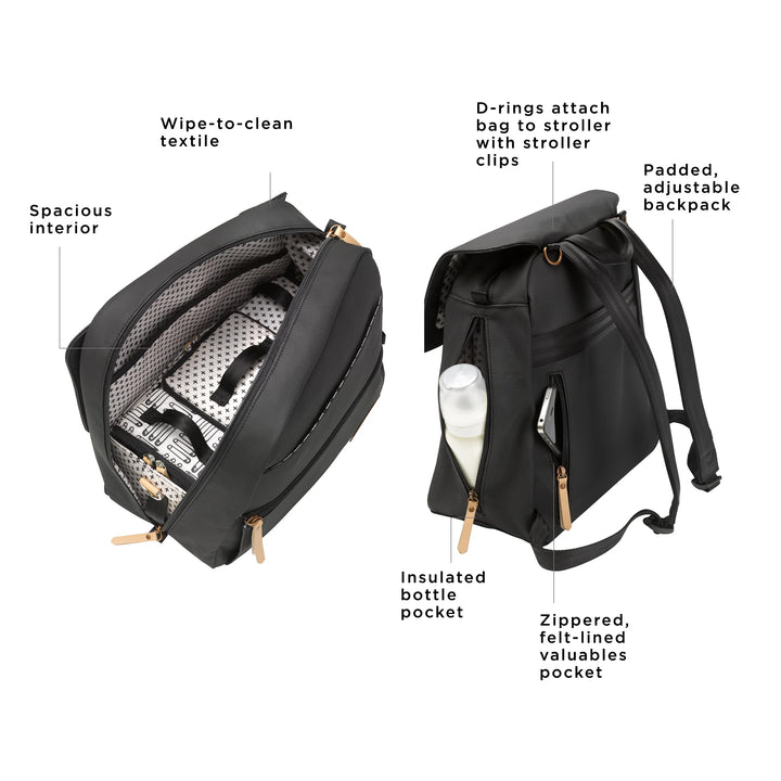 meta backpack in black matte canvas. includes machine washable changing pad. wipe-to-clean textile. spacious interior. d-rings attach bag to stroller with stroller clips. padded, adjustable backpack. insulated bottle pocket. zippered, felt-lined valuables pocket