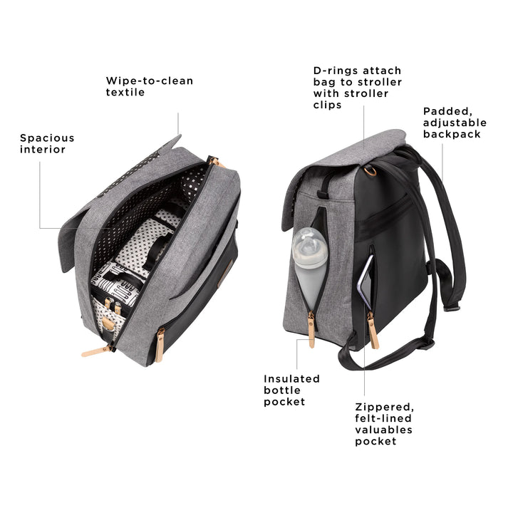 meta backpack in dusted graphite/black. includes machine washable changing pad. wipe-to-clean textile. spacious interior. d-rings attach bag to stroller with stroller clips. padded, adjustable backpack. insulated bottle pocket. zippered, felt-lined valuables pocket