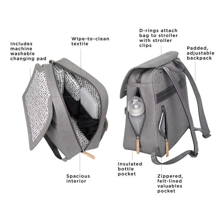 meta backpack in love mickey. includes machine washable changing pad. wipe-to-clean textile. spacious interior. d-rings attach bag to stroller with stroller clips. padded, adjustable backpack. insulated bottle pocket. zippered, felt-lined valuables pocket