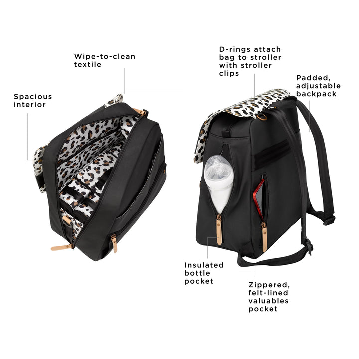 meta backpack in moon leopard. includes machine washable changing pad. wipe-to-clean textile. spacious interior. d-rings attach bag to stroller with stroller clips. padded, adjustable backpack. insulated bottle pocket. zippered, felt-lined valuables pocket