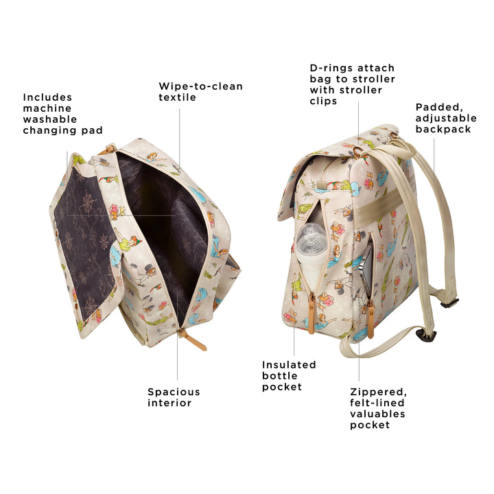 meta backpack in off to never land. includes machine washable changing pad. wipe-to-clean textile. spacious interior. d-rings attach bag to stroller with stroller clips. padded, adjustable backpack. insulated bottle pocket. zippered, felt-lined valuables pocket