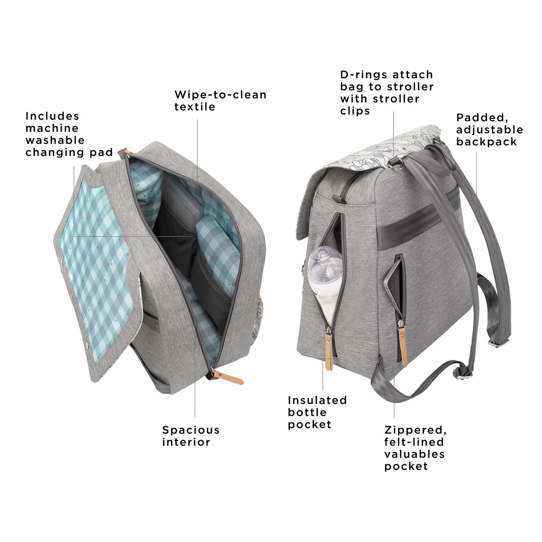 meta backpack in disney's playful pooh. includes machine washable changing pad. wipe-to-clean textile. spacious interior. d-rings attach bag to stroller with stroller clips. padded, adjustable backpack. insulated bottle pocket. zippered, felt-lined valuables pocket