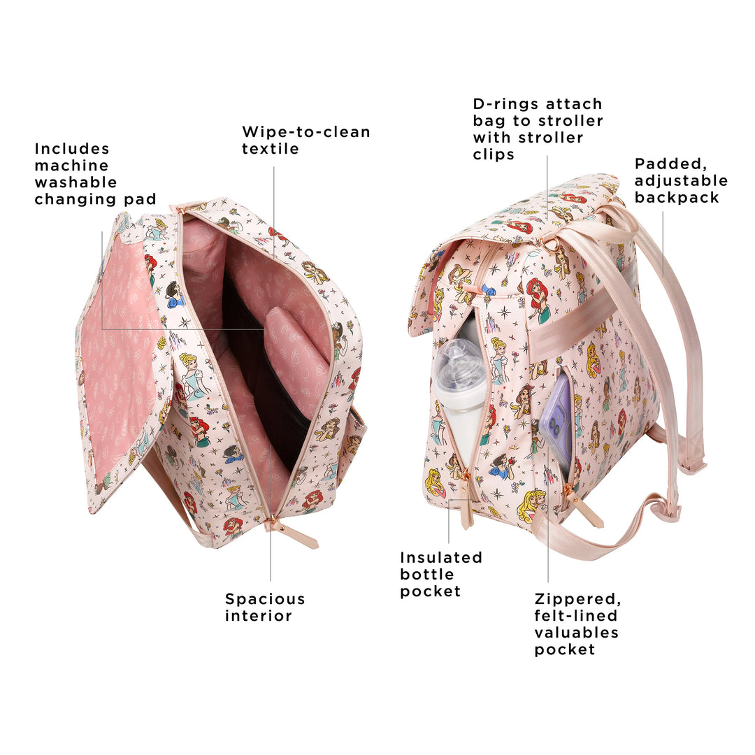 meta backpack in disney princess. includes machine washable changing pad. wipe-to-clean textile. spacious interior. d-rings attach bag to stroller with stroller clips. padded, adjustable backpack. insulated bottle pocket. zippered, felt-lined valuables pocket